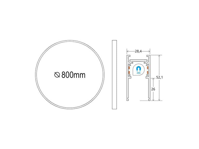 Carril redondo de 80 cm de diámetro de color negro para instalar en superficie o suspendido. Incorpora banda magnética y pistas eléctricas para conectar las luminarias MAGNETIC ROUND de forma rápida y fácil.