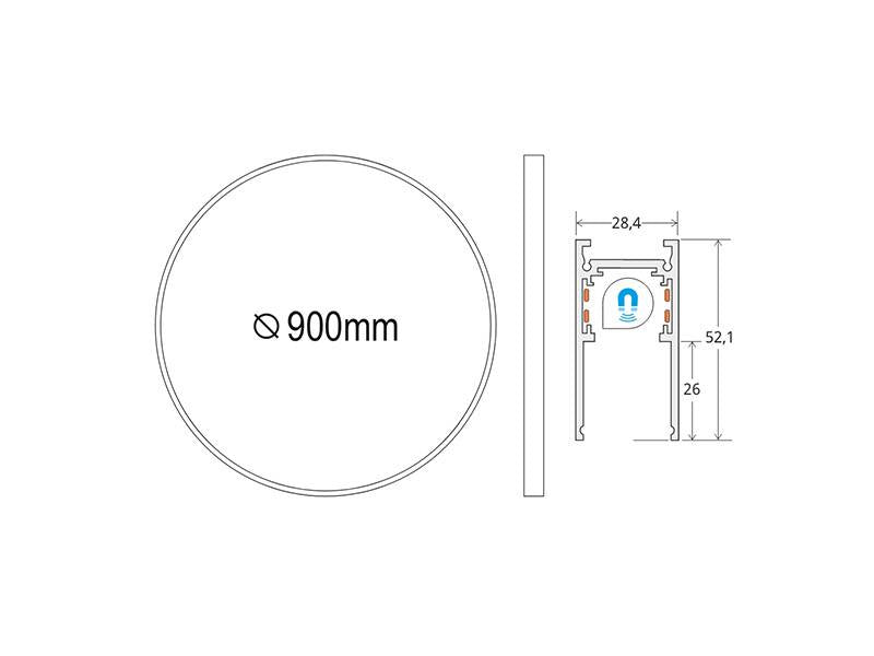 Carril redondo de 90 cm de diámetro de color negro para instalar en superficie o suspendido. Incorpora banda magnética y pistas eléctricas para conectar las luminarias MAGNETIC ROUND de forma rápida y fácil.