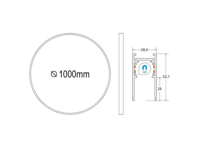 Carril redondo de 100 cm de diámetro de color negro para instalar en superficie o suspendido. Incorpora banda magnética y pistas eléctricas para conectar las luminarias MAGNETIC ROUND de forma rápida y fácil.