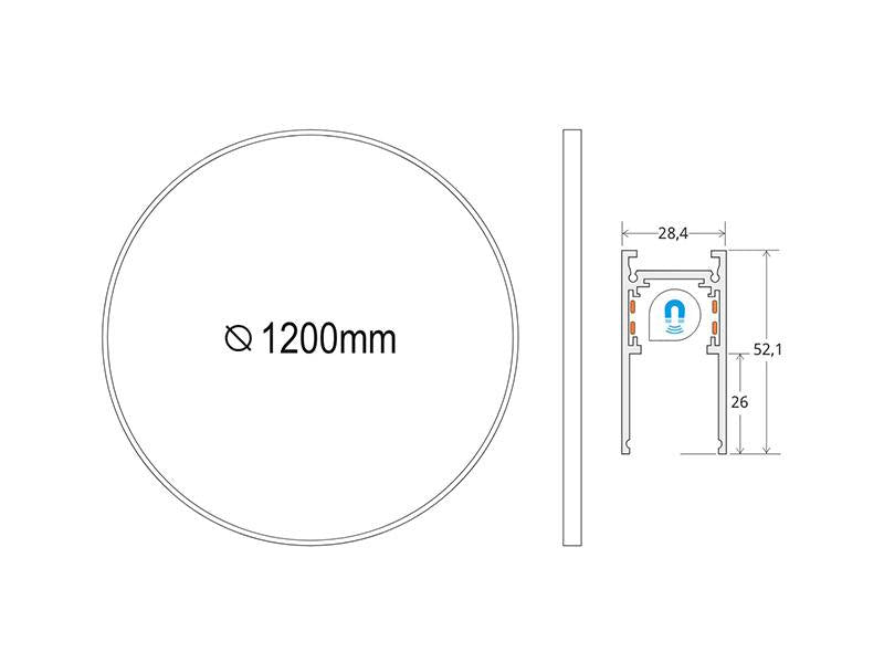 Carril redondo de 120 cm de diámetro de color negro para instalar en superficie o suspendido. Incorpora banda magnética y pistas eléctricas para conectar las luminarias MAGNETIC ROUND de forma rápida y fácil.