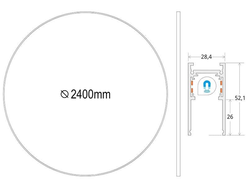 Carril redondo de 240 cm de diámetro de color negro para instalar en superficie o suspendido. Incorpora banda magnética y pistas eléctricas para conectar las luminarias MAGNETIC ROUND de forma rápida y fácil.