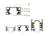 Sistema de carril bifásico, de instalación flexible y multifuncional. Incluye conector de carril y tapa final.