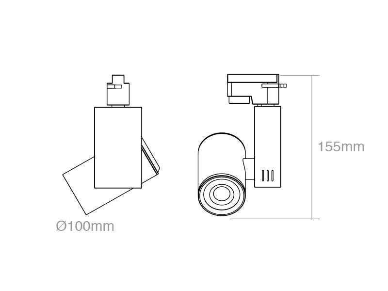 Proyector para carril led con conector monofásico, de calidad profesional con chip led CREE y driver certificado TUV con cuerpo en aluminio y lacado en color negro mate, incluye conector a carril. Indicado para todo tipo de iluminación técnica, Uso comercial y profesional, oficinas, salas de exposiciones, etc.