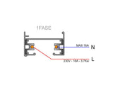 Carril en color negro. Fácilmente ampliable con otros carriles y con otros accesorios para realizar formas lineales o en cuadrícula. Incluye carril monofásico, conector a red y tapa final.