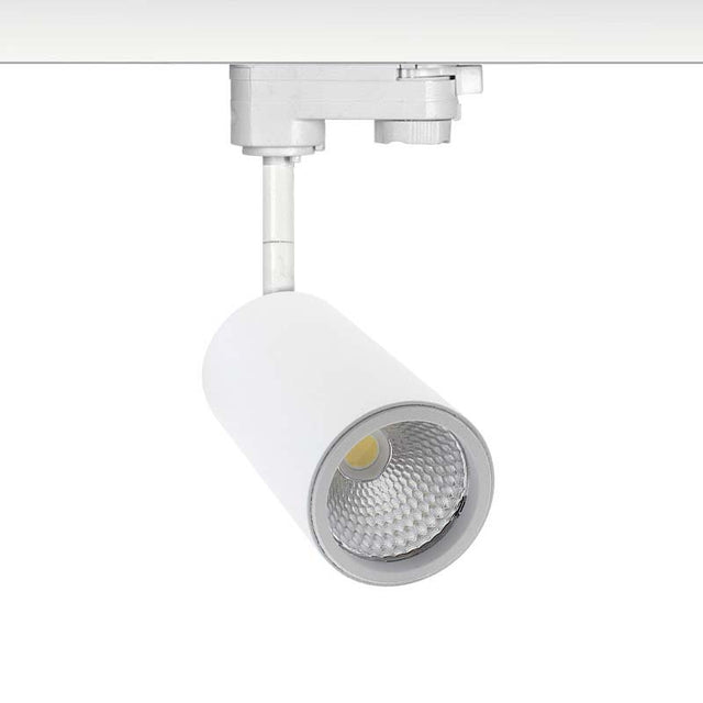 Proyector para carril led de reducidas dimensiones con conector monofásico, orientable en todas direcciones y fabricación de alta calidad en aluminio y lacado en color blanco mate, incluye conector carril. Indicado para todo tipo de iluminación técnica, Uso comercial y profesional, oficinas, salas de exposiciones, etc.