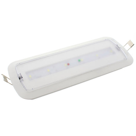 Luminaria LED de emergencia de alta calidad con Auto Diagnóstico, incluye kit para empotrar en techo, más de 180 minutos de autonomía con su batería recargable de Ni-Cd. Configurable como Modo permanente y No permanente. Luz para señalización de salidas, puertas, ascensores, zonas de paso o comunes.