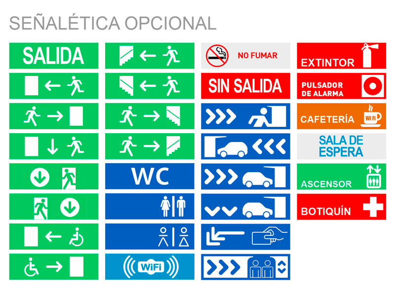 Luminaria LED de emergencia con auto diagnóstico de gran tamaño para instalar en superficie, más de 180 minutos de autonomía con su batería recargable de Ni-Cd. Luz para señalización de salidas, puertas, ascensores, zonas de paso o cualquier señalética personalizada.