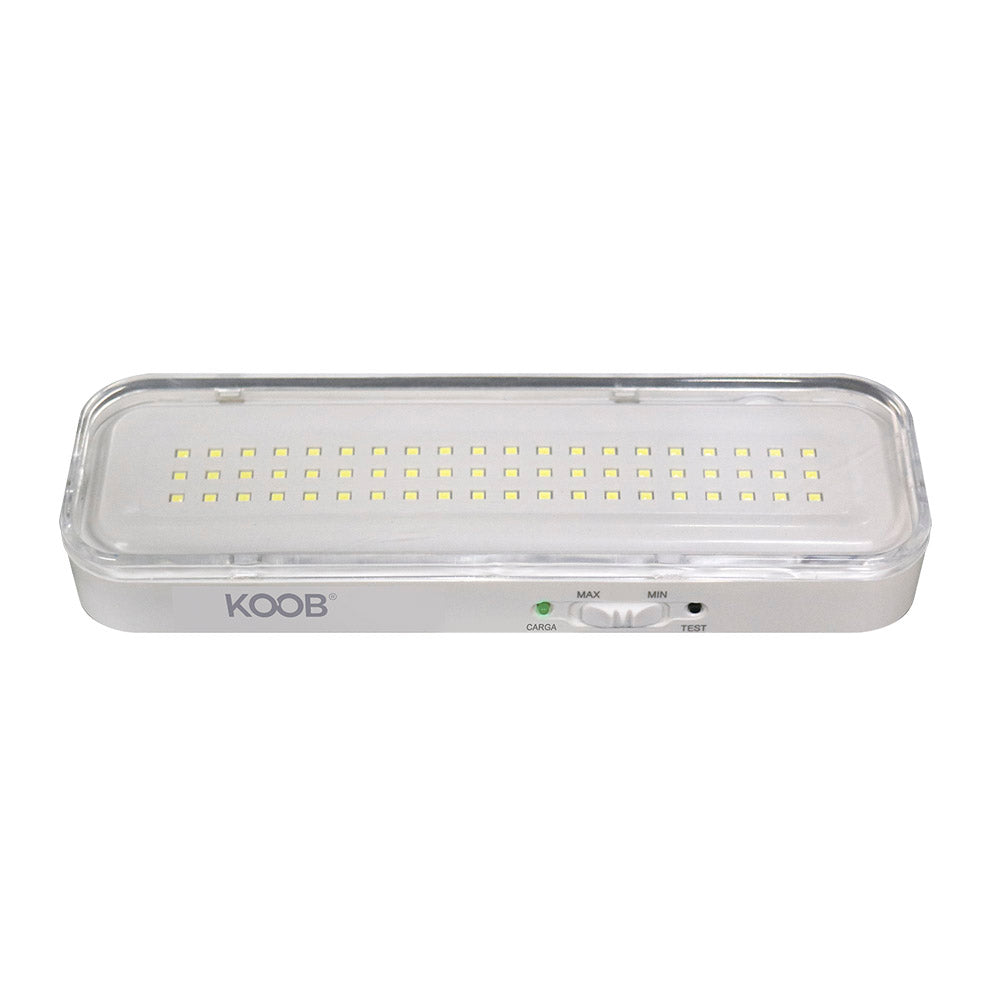 Luz LED de emergencia de máxima eficiencia, hasta 3 horas de autonomía con su batería recargable Li-ion, control de intensidad y test. Incorpora 60 led SMD2835. Luz para señalización de salidas, puertas, ascensores, zonas de paso o comunes.