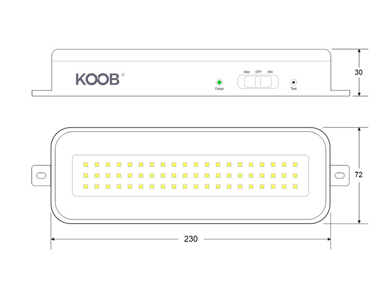 Luz LED de emergencia de máxima eficiencia, hasta 3 horas de autonomía con su batería recargable Li-ion, control de intensidad y test. Incorpora 60 led SMD2835. Luz para señalización de salidas, puertas, ascensores, zonas de paso o comunes.