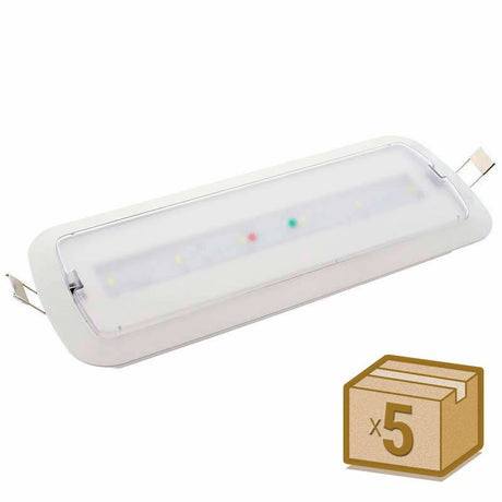 Pack 5 x Luminaria LED de emergencia de alta calidad con Auto Diagnóstico, incluye kit para empotrar en techo, más de 180 minutos de autonomía con su batería recargable de Ni-Cd. Configurable como Modo permanente y No permanente. Luz para señalización de salidas, puertas, ascensores, zonas de paso o comunes.