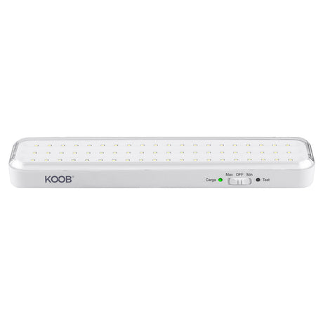 Luz LED de emergencia de máxima eficiencia, hasta 6 horas de autonomía con su batería recargable Li-ion, control de intensidad y test. Luz blanca y dos modos de intensidad lumínica. Incorpora 60 led SMD2835. Luz para señalización de salidas, puertas, ascensores, zonas de paso o comunes.
