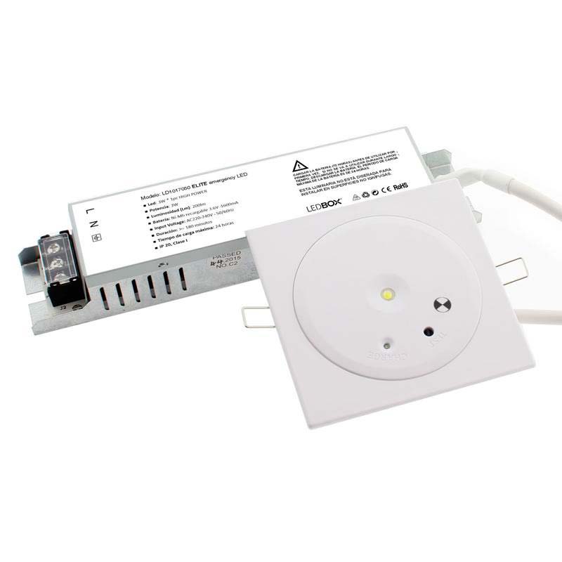 Luminaria LED de emergencia de alta calidad con diseño minimalista. Para empotrar en techo, de pequeño tamaño redondo o cuadrado (incuye marco). Más de 180 minutos de autonomía con su batería recargable de Ni-mH. Luz para señalización de salidas, puertas, ascensores, zonas de paso o comunes.