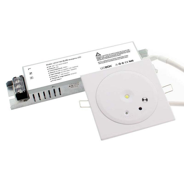 Luminaria LED de emergencia de alta calidad con diseño minimalista. Para empotrar en techo, de pequeño tamaño redondo o cuadrado (incuye marco). Más de 180 minutos de autonomía con su batería recargable de Ni-mH. Luz para señalización de salidas, puertas, ascensores, zonas de paso o comunes.