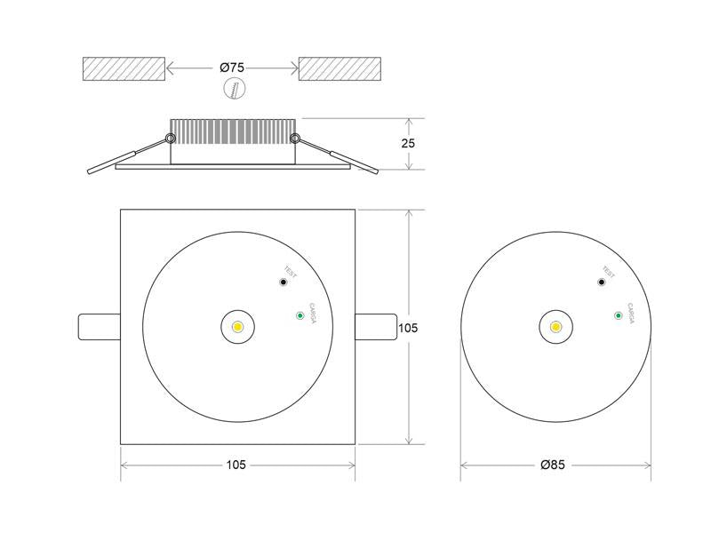Luminaria LED de emergencia de alta calidad con diseño minimalista. Para empotrar en techo, de pequeño tamaño redondo o cuadrado (incuye marco). Más de 180 minutos de autonomía con su batería recargable de Ni-mH. Luz para señalización de salidas, puertas, ascensores, zonas de paso o comunes.