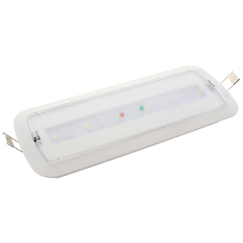 Luminaria LED de emergencia de alta calidad, incluye kit para empotrar en techo, más de 180 minutos de autonomía con su batería recargable de Ni-Cd. Configurable como Modo permanente y No permanente. Luz para señalización de salidas, puertas, ascensores, zonas de paso o comunes.