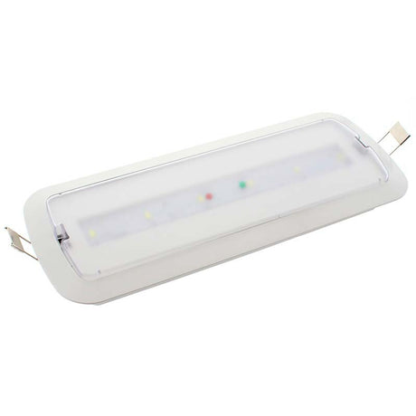 Luminaria LED de emergencia de alta calidad, incluye kit para empotrar en techo, más de 180 minutos de autonomía con su batería recargable de Ni-Cd. Configurable como Modo permanente y No permanente. Luz para señalización de salidas, puertas, ascensores, zonas de paso o comunes.
