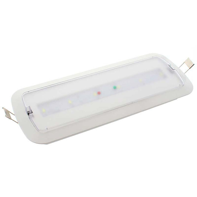 Luminaria LED de emergencia de alta calidad, incluye kit para empotrar en techo, más de 180 minutos de autonomía con su batería recargable de Ni-Cd. Configurable como Modo permanente y No permanente. Luz para señalización de salidas, puertas, ascensores, zonas de paso o comunes.