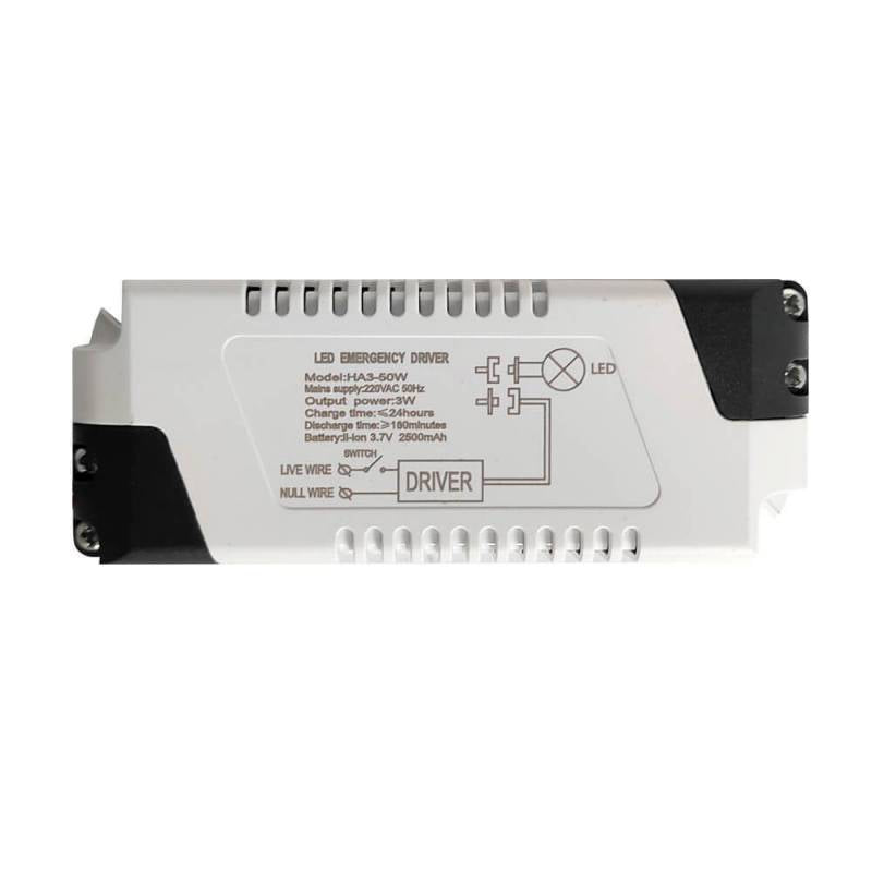 Módulo de emergencia con batería recargable para proporcionar energía en caso de fallo eléctrico para luminarias Led de 3 a 50W con un 30% de potencia en caso de fallo en el suministro de electricidad.