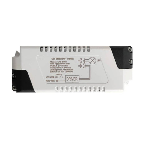 Módulo de emergencia con batería recargable para proporcionar energía en caso de fallo eléctrico para luminarias Led de 3 a 50W con un 30% de potencia en caso de fallo en el suministro de electricidad.