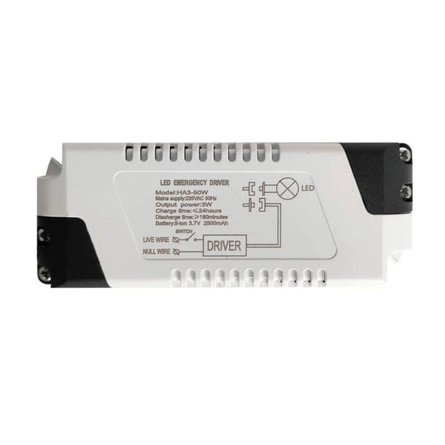 Módulo de emergencia con batería recargable para proporcionar energía en caso de fallo eléctrico para luminarias Led de 3 a 50W con un 30% de potencia en caso de fallo en el suministro de electricidad.