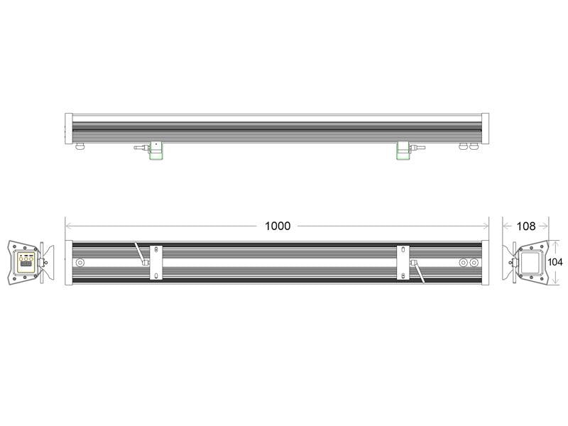 Proyector lineal profesional de alta potencia RGB+W+A con control DMX512 inalámbrico y panel de control incorporado. Para la iluminación creativa de escenarios y proyección de luz en paredes y fachadas. Ideal para el realce de objetos, artes, escénicas, construcciones históricas, museos. 