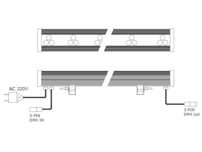 Proyector lineal profesional de alta potencia RGB+W+A con control DMX512 inalámbrico y panel de control incorporado. Para la iluminación creativa de escenarios y proyección de luz en paredes y fachadas. Ideal para el realce de objetos, artes, escénicas, construcciones históricas, museos. 