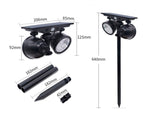 Foco doble de jardín con 10W de potencia y placa LED solar con batería integrada. Ideal para jardines, patios, caminos, bordes, estanques, entradas. etc. Con selector de color de luz blanco cálido o frío y sensor crepuscular.