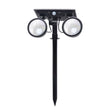 Foco doble de jardín con 10W de potencia y placa LED solar con batería integrada. Ideal para jardines, patios, caminos, bordes, estanques, entradas. etc. Con selector de color RGB y Luz blanca. Con sensor crepuscular.