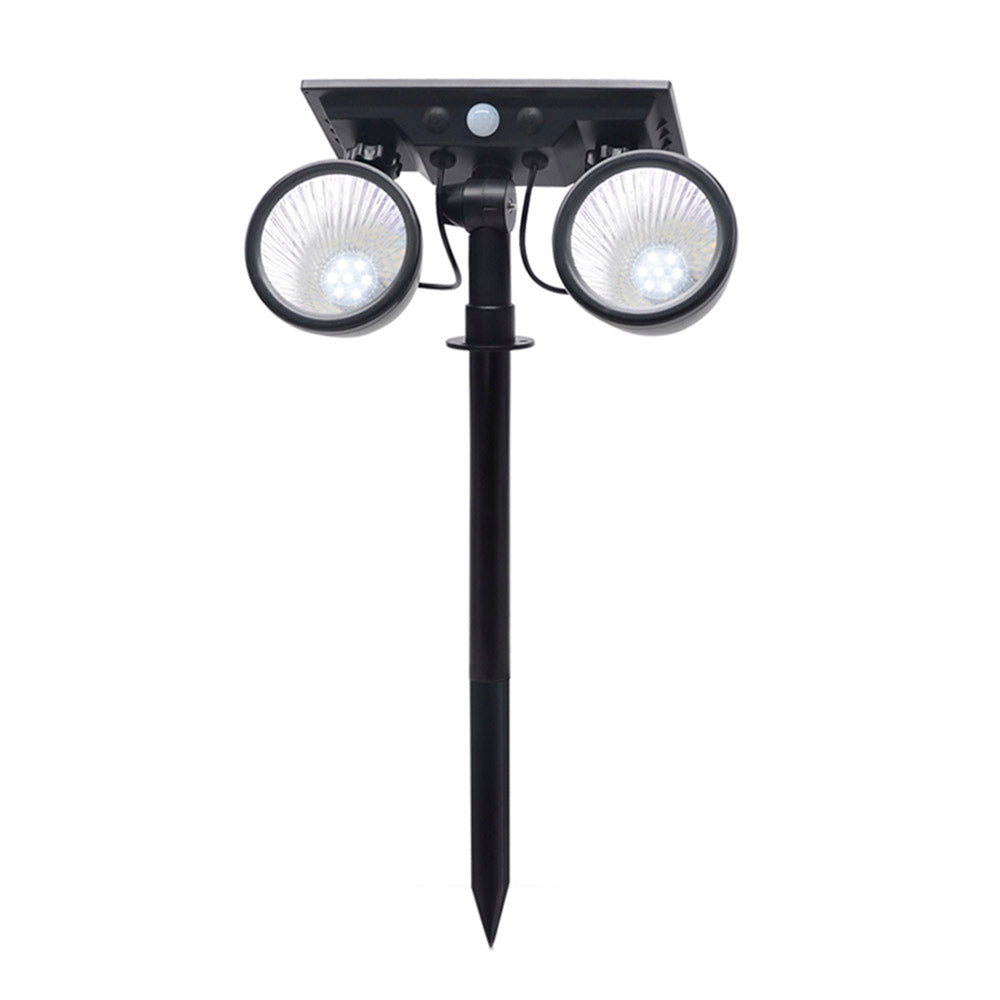 Foco doble de jardín con 10W de potencia y placa LED solar con batería integrada. Ideal para jardines, patios, caminos, bordes, estanques, entradas. etc. Con selector de color RGB y Luz blanca. Con sensor crepuscular.