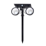 Foco doble de jardín con 10W de potencia y placa LED solar con batería integrada. Ideal para jardines, patios, caminos, bordes, estanques, entradas. etc. Con selector de color RGB y Luz blanca. Con sensor crepuscular.
