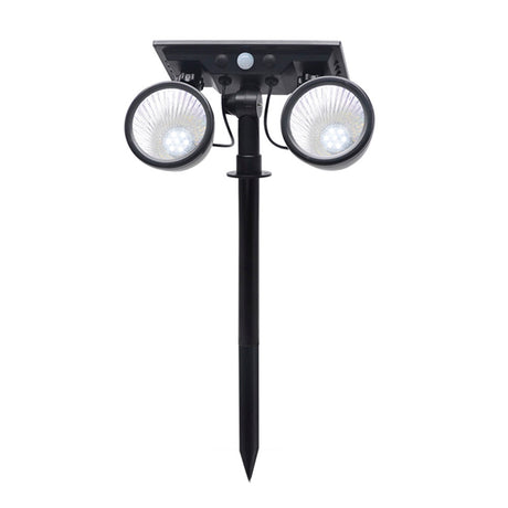 Foco doble de jardín con 10W de potencia y placa LED solar con batería integrada. Ideal para jardines, patios, caminos, bordes, estanques, entradas. etc. Con selector de color RGB y Luz blanca. Con sensor crepuscular.