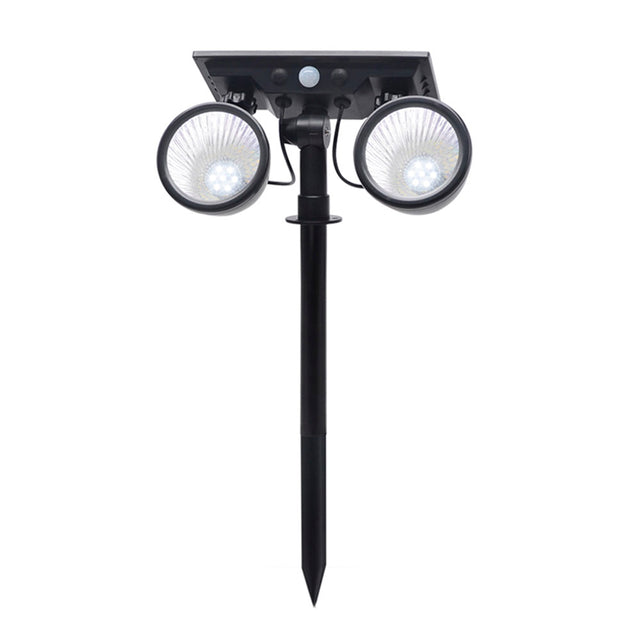 Foco doble de jardín con 10W de potencia y placa LED solar con batería integrada. Ideal para jardines, patios, caminos, bordes, estanques, entradas. etc. Con selector de color RGB y Luz blanca. Con sensor crepuscular.