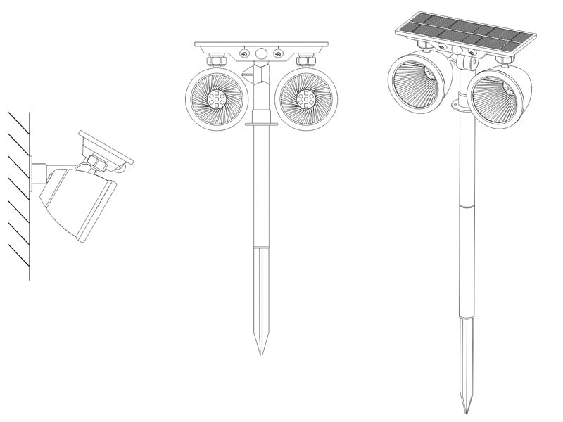 Foco doble de jardín con 10W de potencia y placa LED solar con batería integrada. Ideal para jardines, patios, caminos, bordes, estanques, entradas. etc. Con selector de color RGB y Luz blanca. Con sensor crepuscular.
