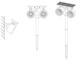 Foco doble de jardín con 10W de potencia y placa LED solar con batería integrada. Ideal para jardines, patios, caminos, bordes, estanques, entradas. etc. Con selector de color RGB y Luz blanca. Con sensor crepuscular.