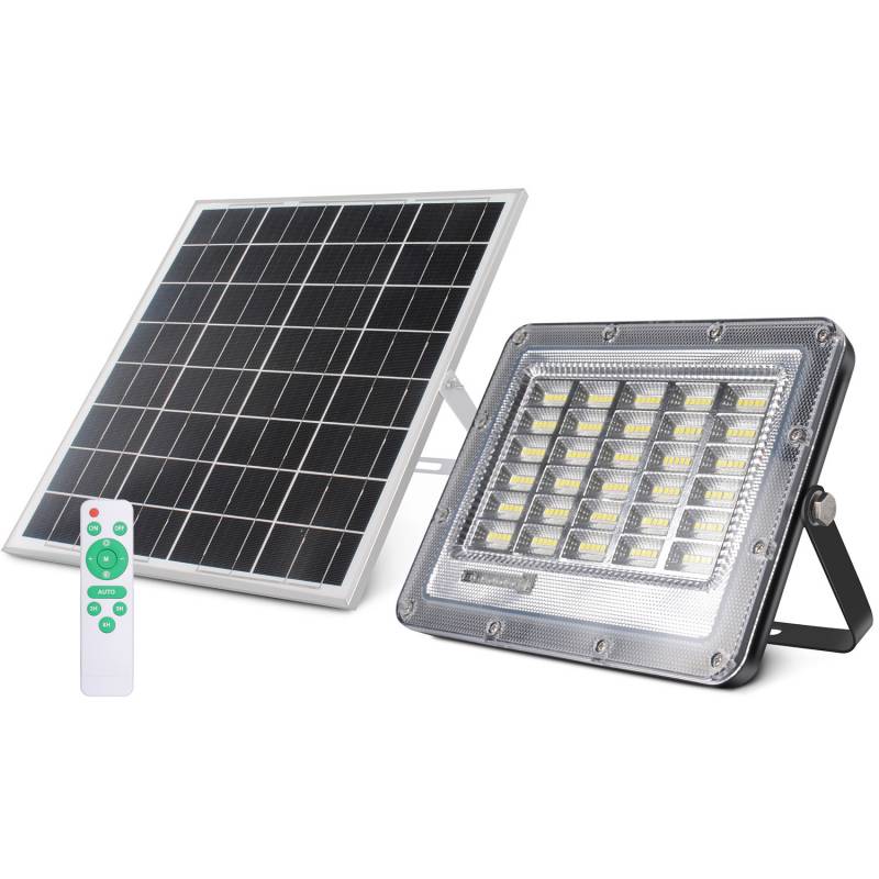 Kit que incluye proyector solar LED con batería de litio integrada de alta potencia, panel solar, mando a distancia y herrajes para su instalación. Incorpora sensores de luminosidad. Ideal para iluminar de manera automatizada y sin necesidad de corriente eléctrica cualquier zona de exterior.