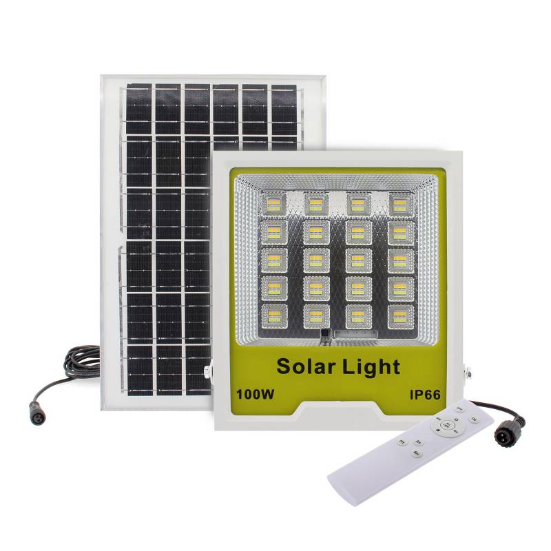 Kit que incluye proyector CCT (luz fría, neutra y cálida) con mando a distancia, con batería de litio integrada de alta potencia, panel solar y herrajes para su instalación. Incorpora sensores de luminosidad. Ideal para iluminar de manera automatizada y sin necesidad de corriente eléctrica cualquier zona de exterior.