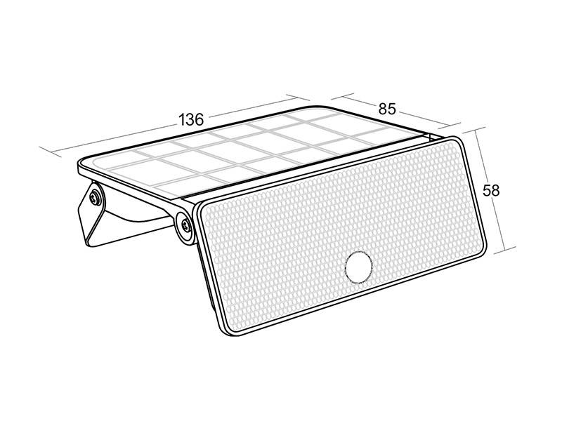 Foco LED compacto "todo en 1" con panel solar integrado de alta capacidad. Incorpora sensor de movimiento y luminosidad. 3 modos de funcionamiento y batería reemplazable.