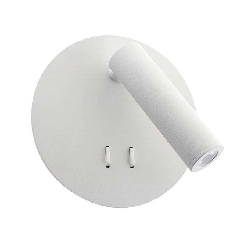 Luminaria LED realizada en aluminio de gran calidad y lacado en color blanco con iluminación de lectura y ambiental. Emite un haz de luz dirigida en cualquier dirección y un haz de luz perimetral para dar iluminación ambiental sin emisión de calor y gran eficiencia. Se puede instalar junto a la cama o sobre ella y sustituir así a una lámpara de mesa de noche. La lámpara se enciende y apaga mediante un interruptor incorporado en el soporte de pared.