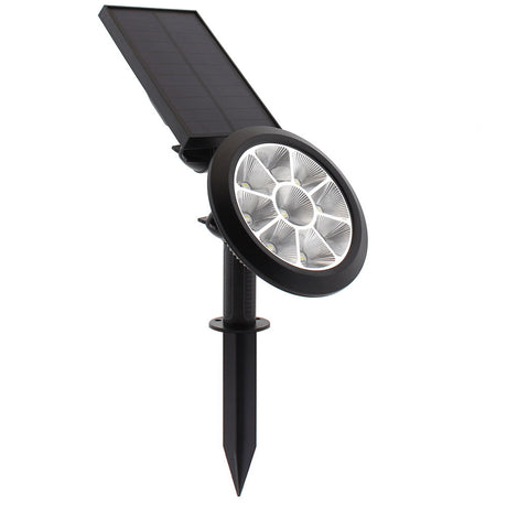 Foco de jardín con 5W de potencia y placa LED solar con batería integrada. Ideal para jardines, patios, caminos, bordes, estanques, entradas. etc. Con selector de color de luz blanco cálido o frío y sensor crepuscular.