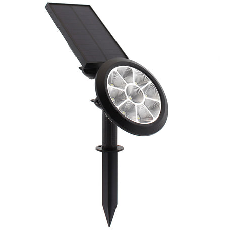 Foco de jardín con 5W de potencia y placa LED solar con batería integrada. Con selector de color estático o dinámico y sensor crepuscular.. Ideal para jardines, patios, caminos, bordes, estanques, entradas. etc. 