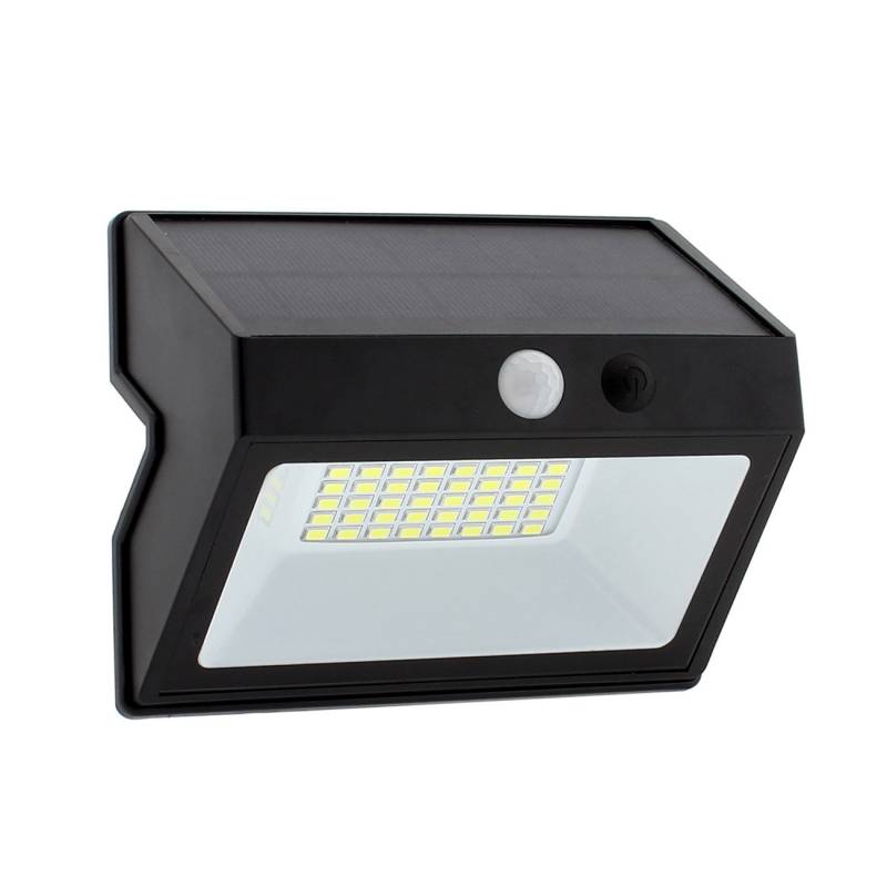 Foco de pared LED "todo en 1" de 20W de potencia y placa LED solar integrada. Incorpora sensor de movimiento y luminosidad. 