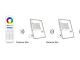 Foco Proyector LED de exterior de gran calidad de altas prestaciones y gran resistencia (IP65). Ofrece máximo control y amplias posibilidades de decoración con luz RGB + CCT (3000K-6000K). Podrás controlar el proyector LED desde el mando a distancia RF específico (no incluido) y configurar hasta 8 grupos diferentes.