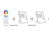 Proyector de exterior de gran calidad de altas prestaciones y gran resistencia (IP65). Ofrece máximo control y amplias posibilidades de decoración con luz RGB +CCT (3000K-6000K). Podrás controlar el proyector desde el mando a distancia RF específico (no incluido) y configurar hasta 8 grupos diferentes.