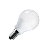 Bombilla LED tipo globo con acabado frost para casquillos convencionales E14. Ahorro de hasta el 90% en su consumo de luz.