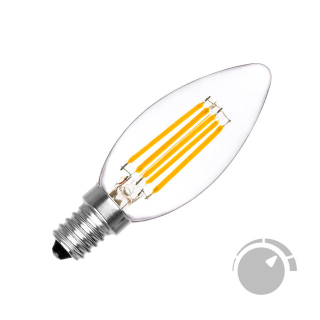 Bombilla LED tipo vela (candle) con chip cob en forma de filamento para casquillos convencionales E14. Ahorro de hasta el 90% en su consumo de luz.