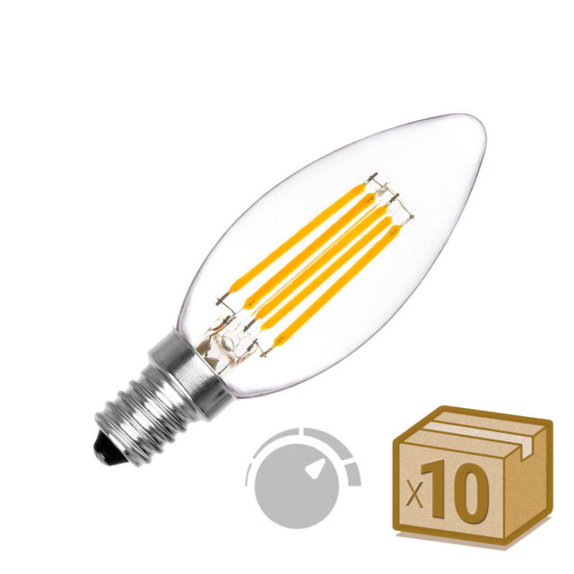 Incluye 10 Bombillas LED tipo vela (candle) con chip cob en forma de filamento para casquillos convencionales E14. Ahorro de hasta el 90% en su consumo de luz.