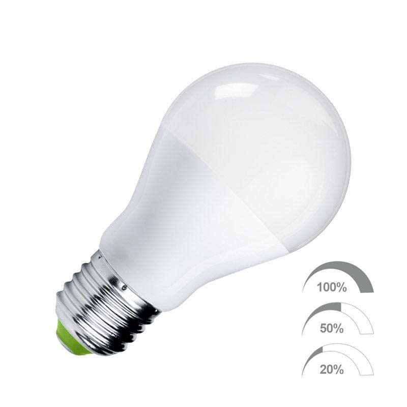 Bombilla LED con regulación de intensidad para casquillos o bases convencionales E27. No necesita regulador externo. Con cada pulsación del interruptor cambia la intensidad de iluminación 100-50-20%. Alta potencia lumínica, ahorro de hasta el 90% en su consumo de luz.