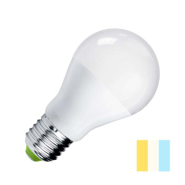 Bombilla LED con regulación de temperatura de color de luz para casquillos o bases convencionales E27. No necesita regulador externo. Con cada pulsación del interruptor cambia la temperatura de color 3000K blanco cálido - 4000K blanco neutro - 6000K blanco frío. Alta potencia lumínica, ahorro de hasta el 90% en su consumo de luz.