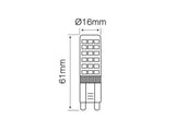 Bombilla LED de base G9. Puede sustituir bombillas tipo bi-pin o mini bombillas G9 con la misma intensidad de luz consiguiendo un ahorro de más del 80%. Se emplea en espacios muy reducidos y no desprenden calor.