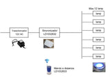 Controlador externo para sincronizar varias lámparas RGB PAR56 LD1032629 (hasta 12 lámparas), en combinación con el mando a distancia LD1032633, permite controlar a la vez varias unidades de forma sincronizada con total seguridad.